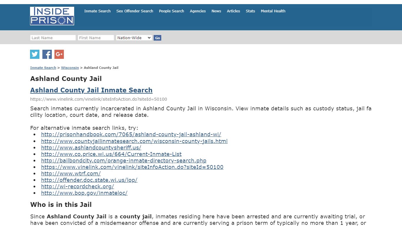 Ashland County Jail - Wisconsin - Inmate Search - Inside Prison